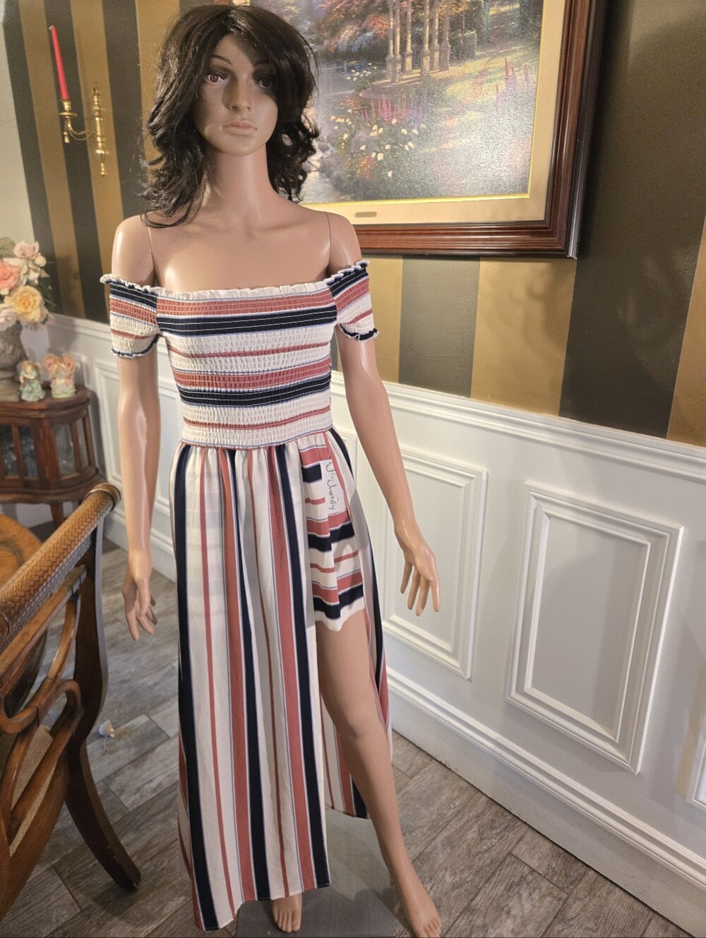 J for Justify One-Shoulder Striped Maxi Dress in Navy, Pink & White